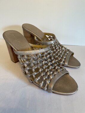 Etienne Aigner "Lanai" gold leather mules, size 9.5.